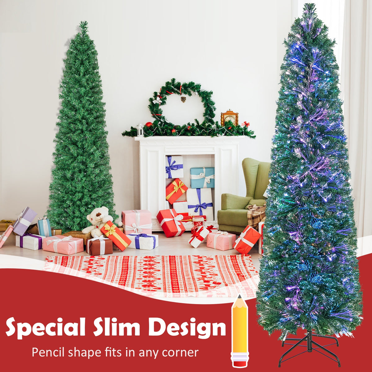 5/6/7/8 FT Pre-Lit Christmas Pencil Tree with Colorful Fiber Optics Green-6 ft-Christmas Trees-DECOROLALA