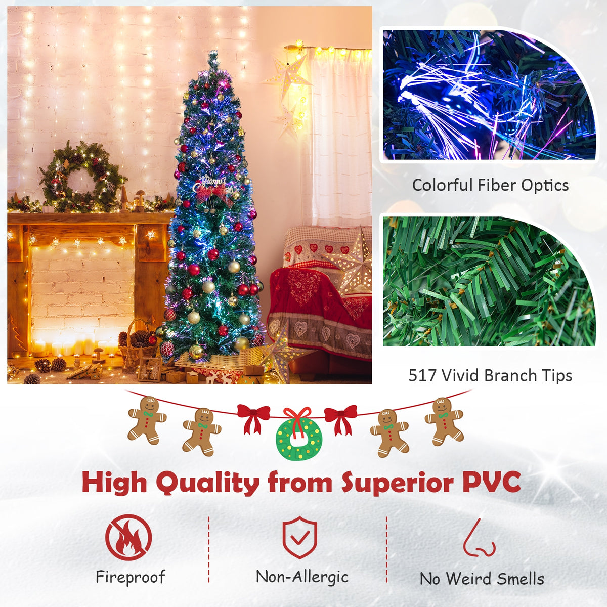 5/6/7/8 FT Pre-Lit Christmas Pencil Tree with Colorful Fiber Optics Green-6 ft-Christmas Trees-DECOROLALA