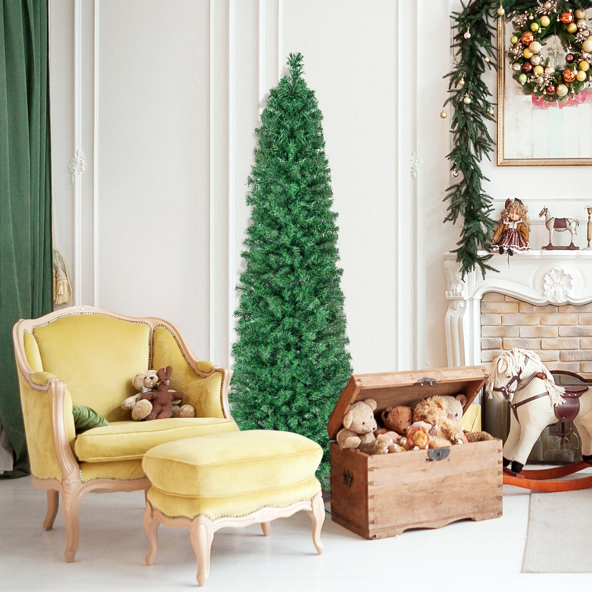5/6/7/8 FT Pre-Lit Christmas Pencil Tree with Colorful Fiber Optics Green-6 ft-Christmas Trees-DECOROLALA