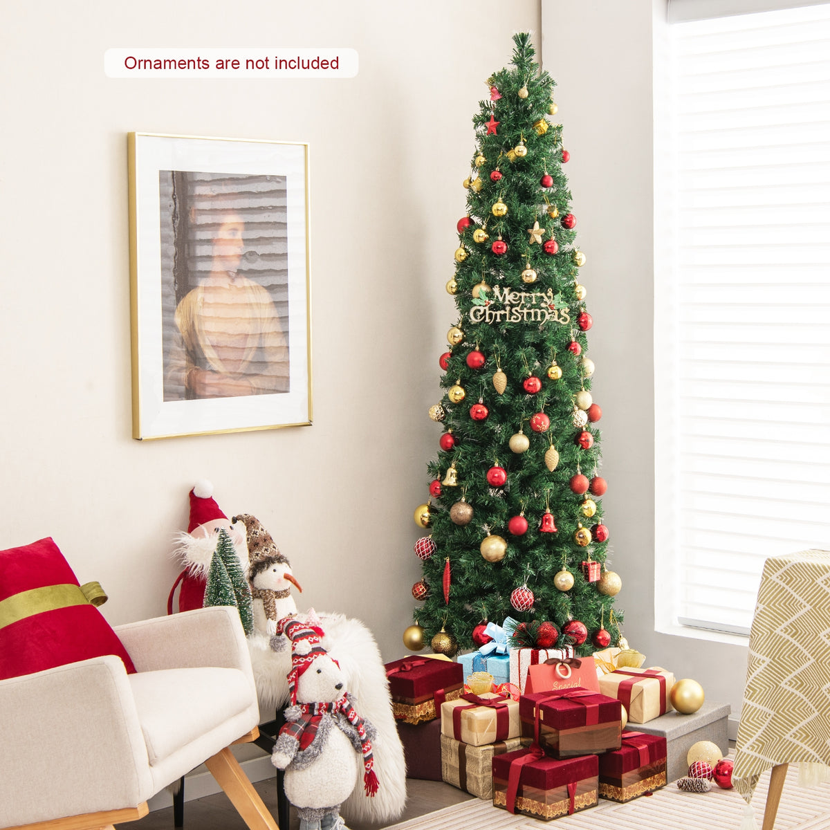 5/6/7/8 FT Pre-Lit Christmas Pencil Tree with Colorful Fiber Optics Green-7 ft-Christmas Trees-DECOROLALA