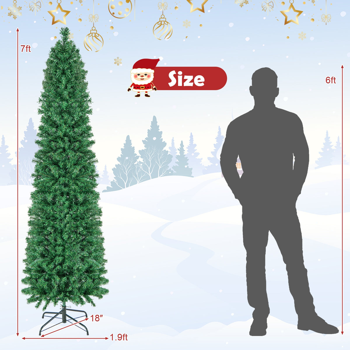 5/6/7/8 FT Pre-Lit Christmas Pencil Tree with Colorful Fiber Optics Green-7 ft-Christmas Trees-DECOROLALA