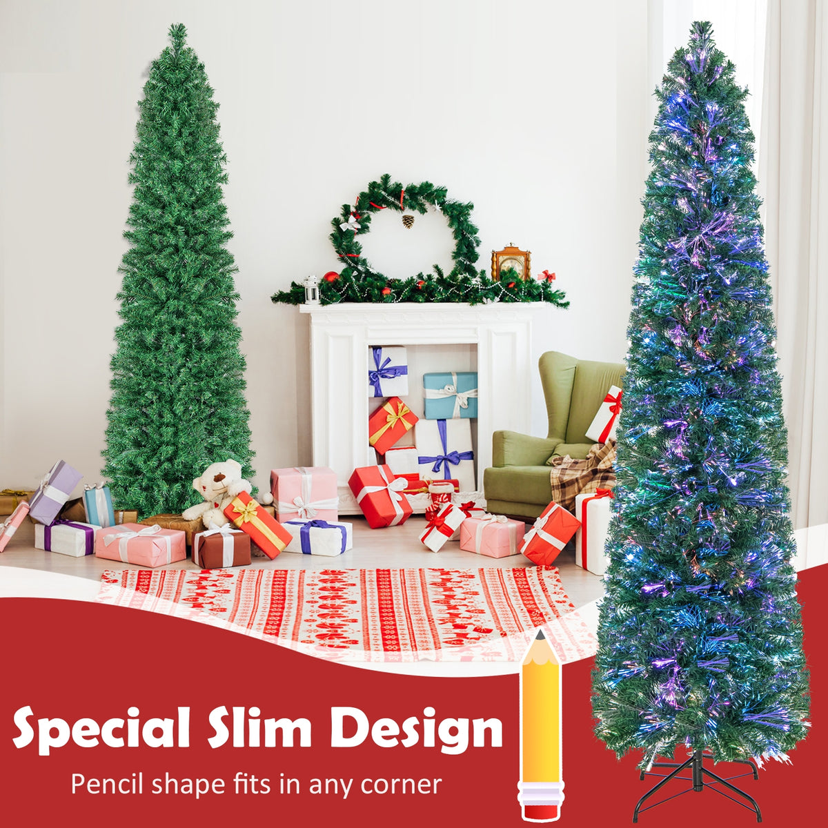 5/6/7/8 FT Pre-Lit Christmas Pencil Tree with Colorful Fiber Optics Green-7 ft-Christmas Trees-DECOROLALA