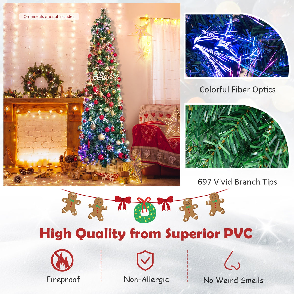 5/6/7/8 FT Pre-Lit Christmas Pencil Tree with Colorful Fiber Optics Green-7 ft-Christmas Trees-DECOROLALA