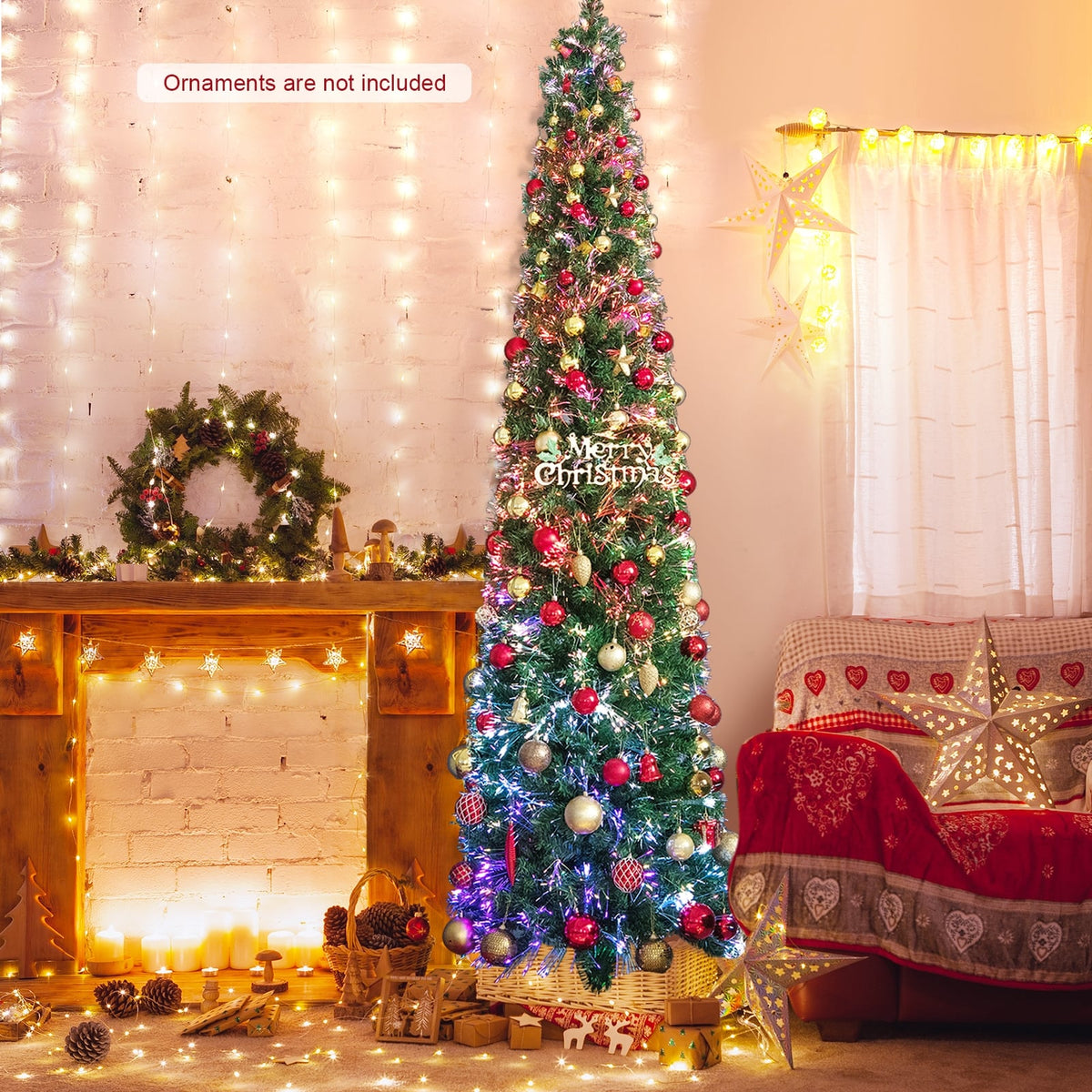 5/6/7/8 FT Pre-Lit Christmas Pencil Tree with Colorful Fiber Optics Green-8 ft-Christmas Trees-DECOROLALA
