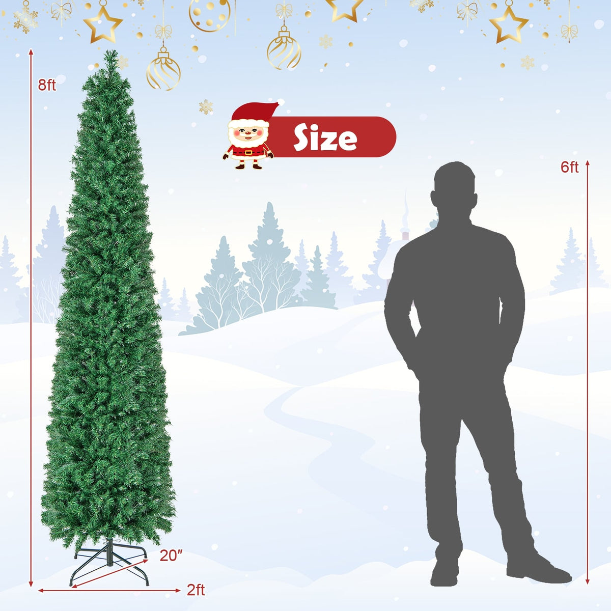 5/6/7/8 FT Pre-Lit Christmas Pencil Tree with Colorful Fiber Optics Green-8 ft-Christmas Trees-DECOROLALA