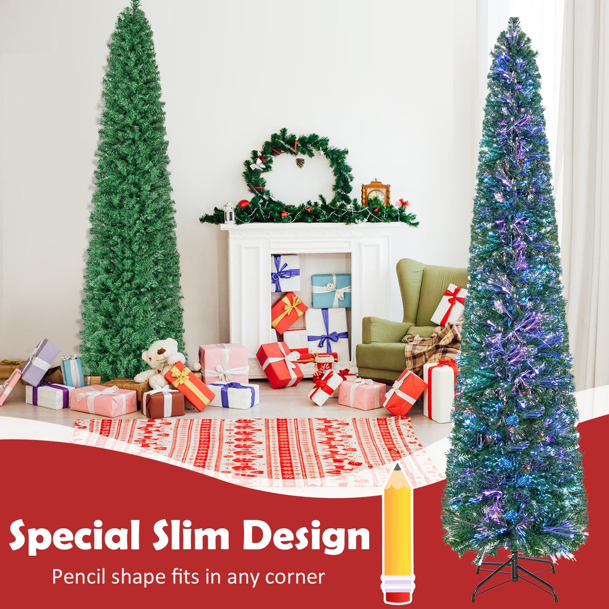 5/6/7/8 FT Pre-Lit Christmas Pencil Tree with Colorful Fiber Optics Green-8 ft-Christmas Trees-DECOROLALA