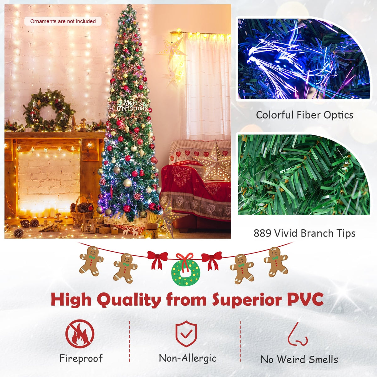5/6/7/8 FT Pre-Lit Christmas Pencil Tree with Colorful Fiber Optics Green-8 ft-Christmas Trees-DECOROLALA