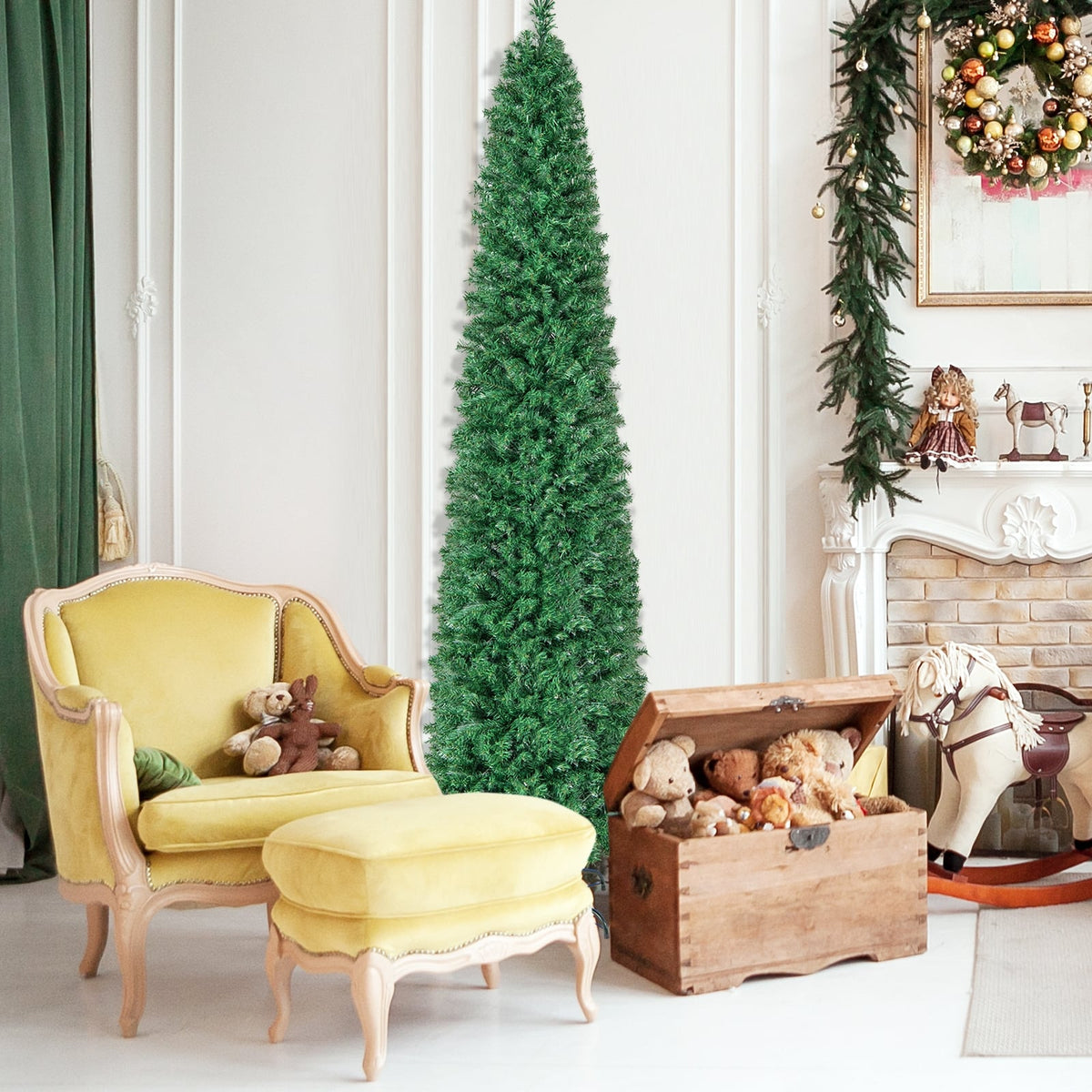 5/6/7/8 FT Pre-Lit Christmas Pencil Tree with Colorful Fiber Optics Green-8 ft-Christmas Trees-DECOROLALA