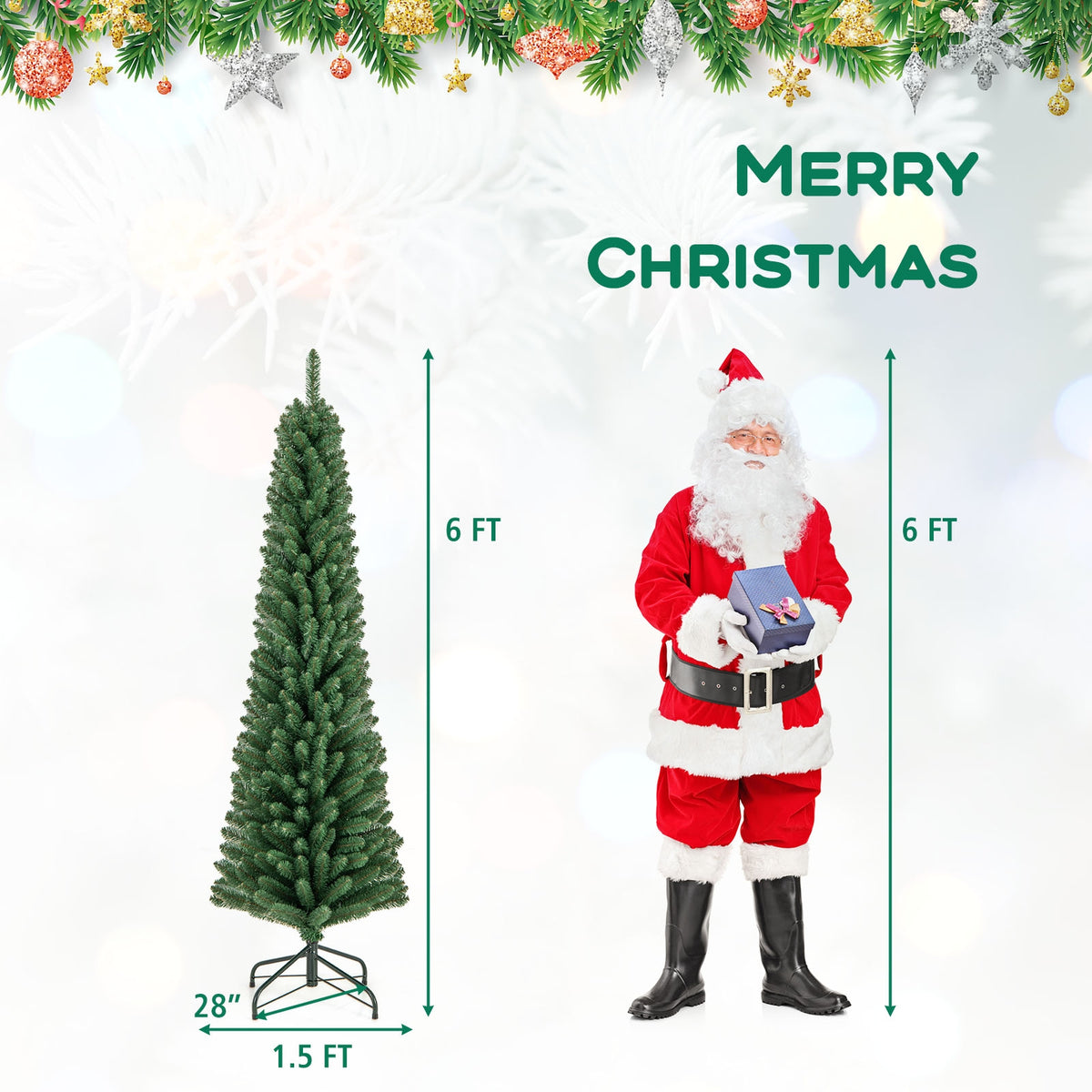 5/6/7/8 Feet Pencil Christmas Tree with 295/392/523/671 Memory Wire Branch Tips and Upgraded Metal Stand-6 ft-Christmas Trees-DECOROLALA