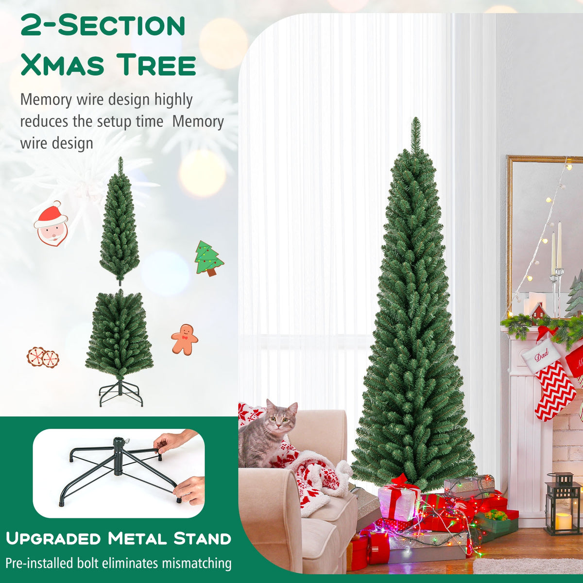5/6/7/8 Feet Pencil Christmas Tree with 295/392/523/671 Memory Wire Branch Tips and Upgraded Metal Stand-6 ft-Christmas Trees-DECOROLALA