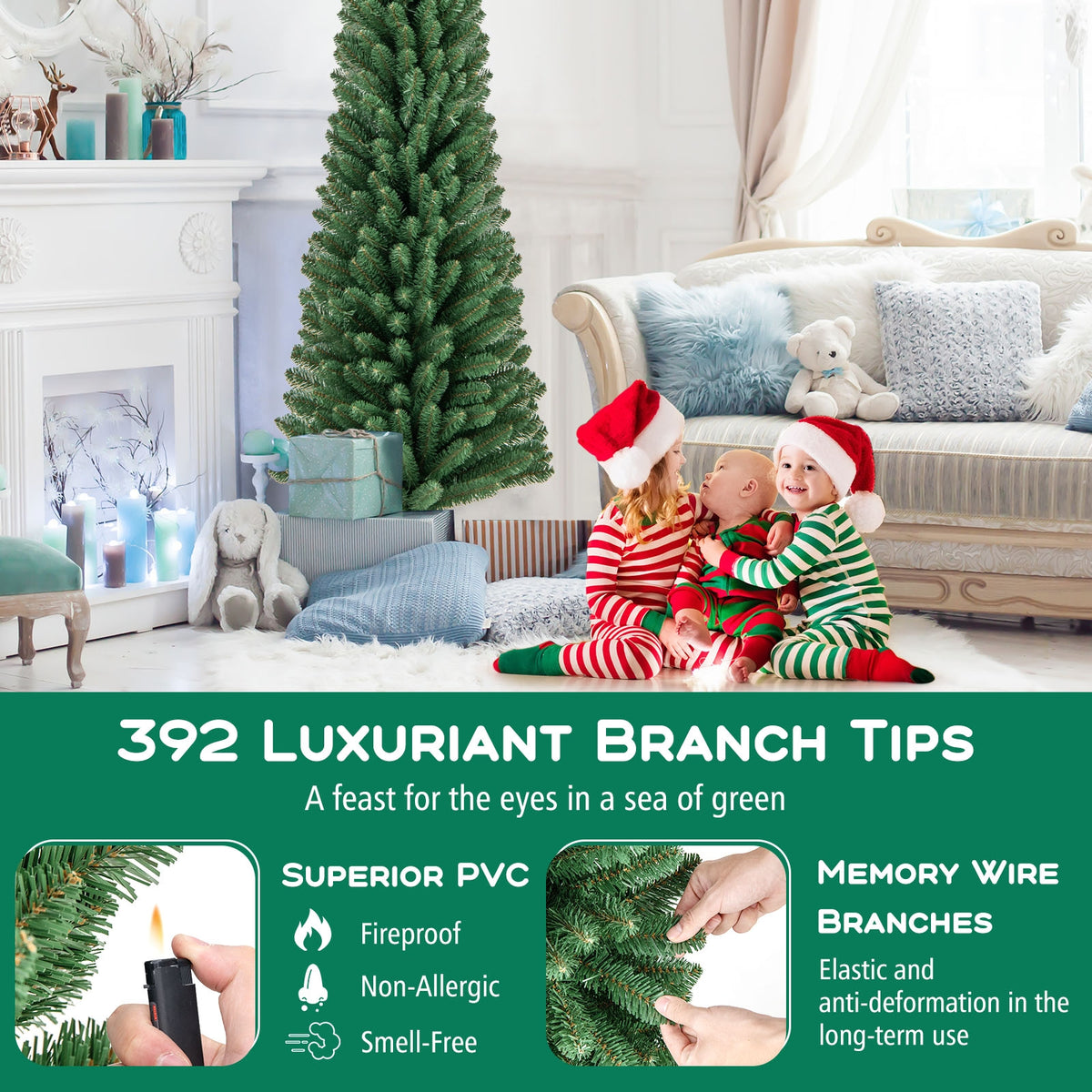 5/6/7/8 Feet Pencil Christmas Tree with 295/392/523/671 Memory Wire Branch Tips and Upgraded Metal Stand-6 ft-Christmas Trees-DECOROLALA