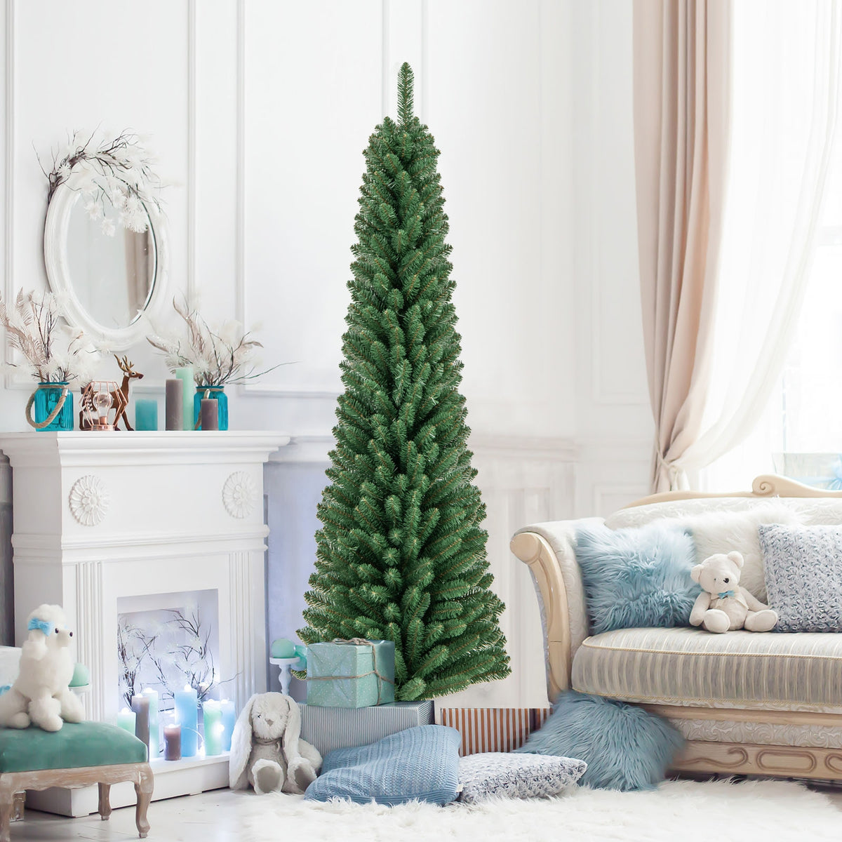 5/6/7/8 Feet Pencil Christmas Tree with 295/392/523/671 Memory Wire Branch Tips and Upgraded Metal Stand-6 ft-Christmas Trees-DECOROLALA