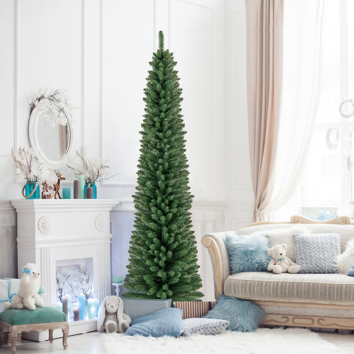 5/6/7/8 Feet Pencil Christmas Tree with 295/392/523/671 Memory Wire Branch Tips and Upgraded Metal Stand-7 ft-Christmas Trees-DECOROLALA