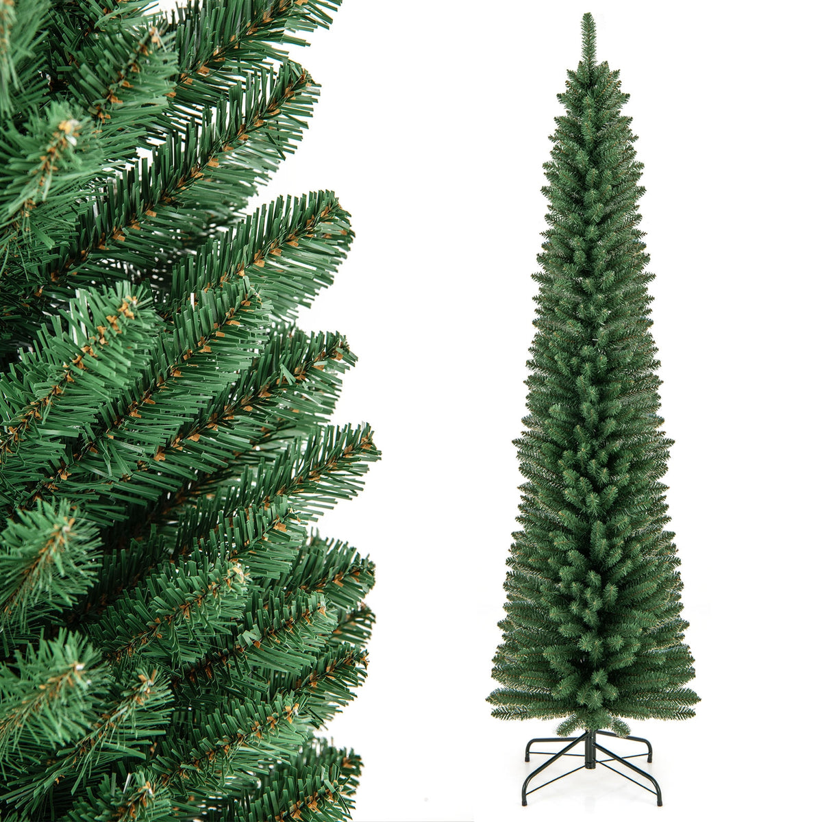 5/6/7/8 Feet Pencil Christmas Tree with 295/392/523/671 Memory Wire Branch Tips and Upgraded Metal Stand-7 ft-Christmas Trees-DECOROLALA