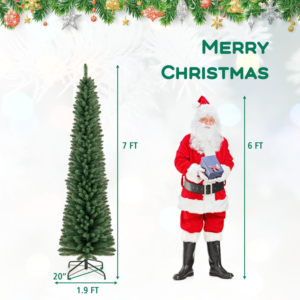 5/6/7/8 Feet Pencil Christmas Tree with 295/392/523/671 Memory Wire Branch Tips and Upgraded Metal Stand-7 ft-Christmas Trees-DECOROLALA
