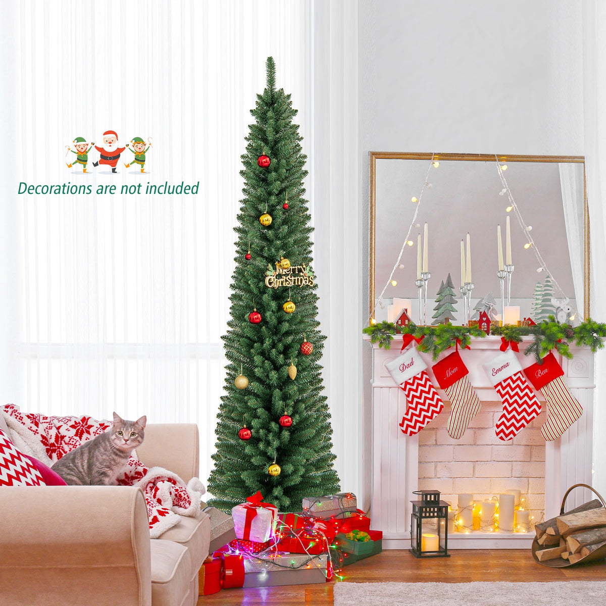 5/6/7/8 Feet Pencil Christmas Tree with 295/392/523/671 Memory Wire Branch Tips and Upgraded Metal Stand-7 ft-Christmas Trees-DECOROLALA
