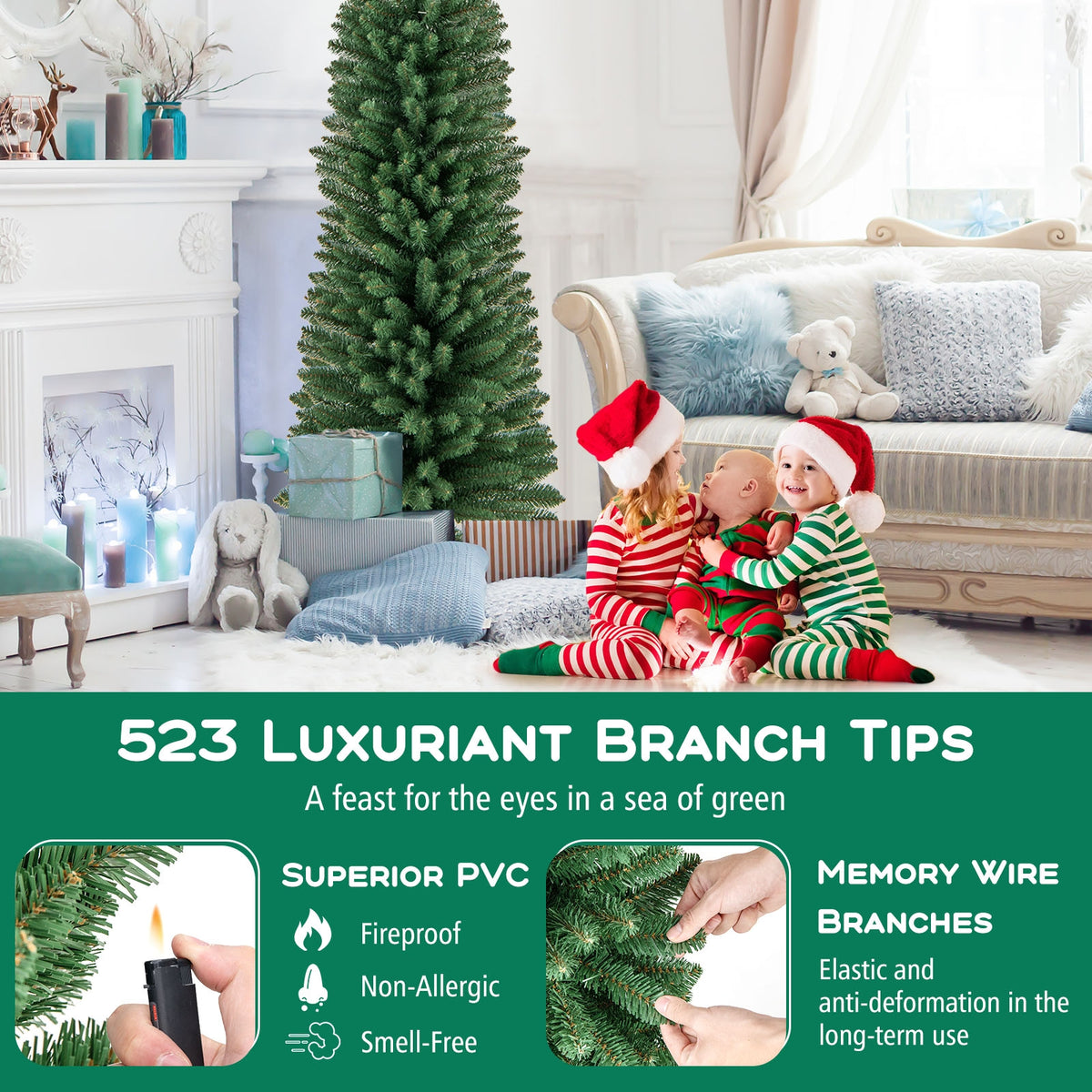 5/6/7/8 Feet Pencil Christmas Tree with 295/392/523/671 Memory Wire Branch Tips and Upgraded Metal Stand-7 ft-Christmas Trees-DECOROLALA