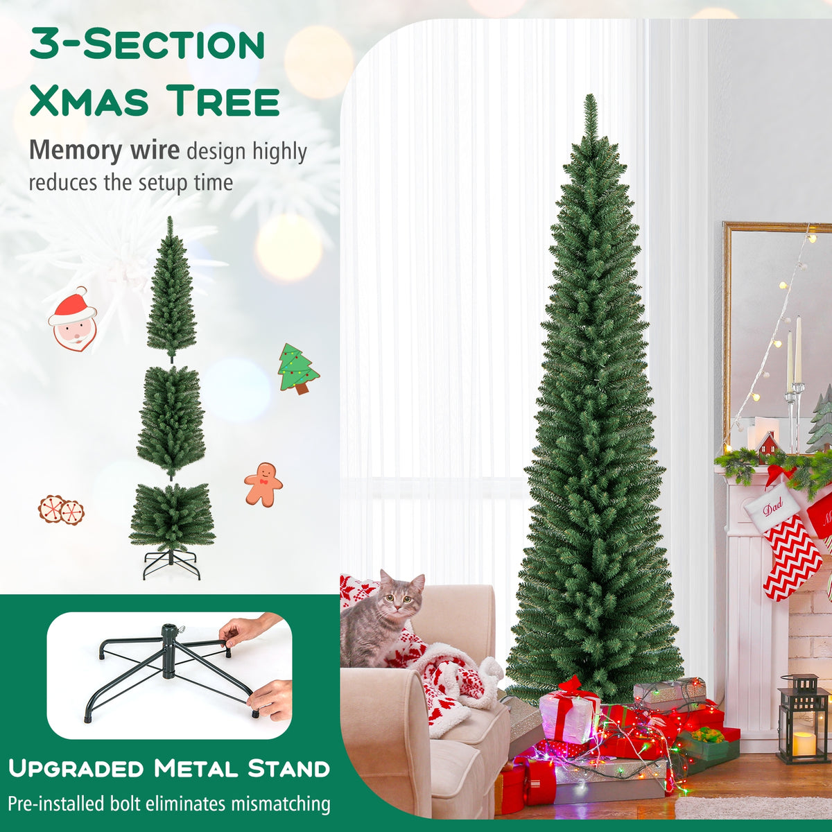 5/6/7/8 Feet Pencil Christmas Tree with 295/392/523/671 Memory Wire Branch Tips and Upgraded Metal Stand-7 ft-Christmas Trees-DECOROLALA