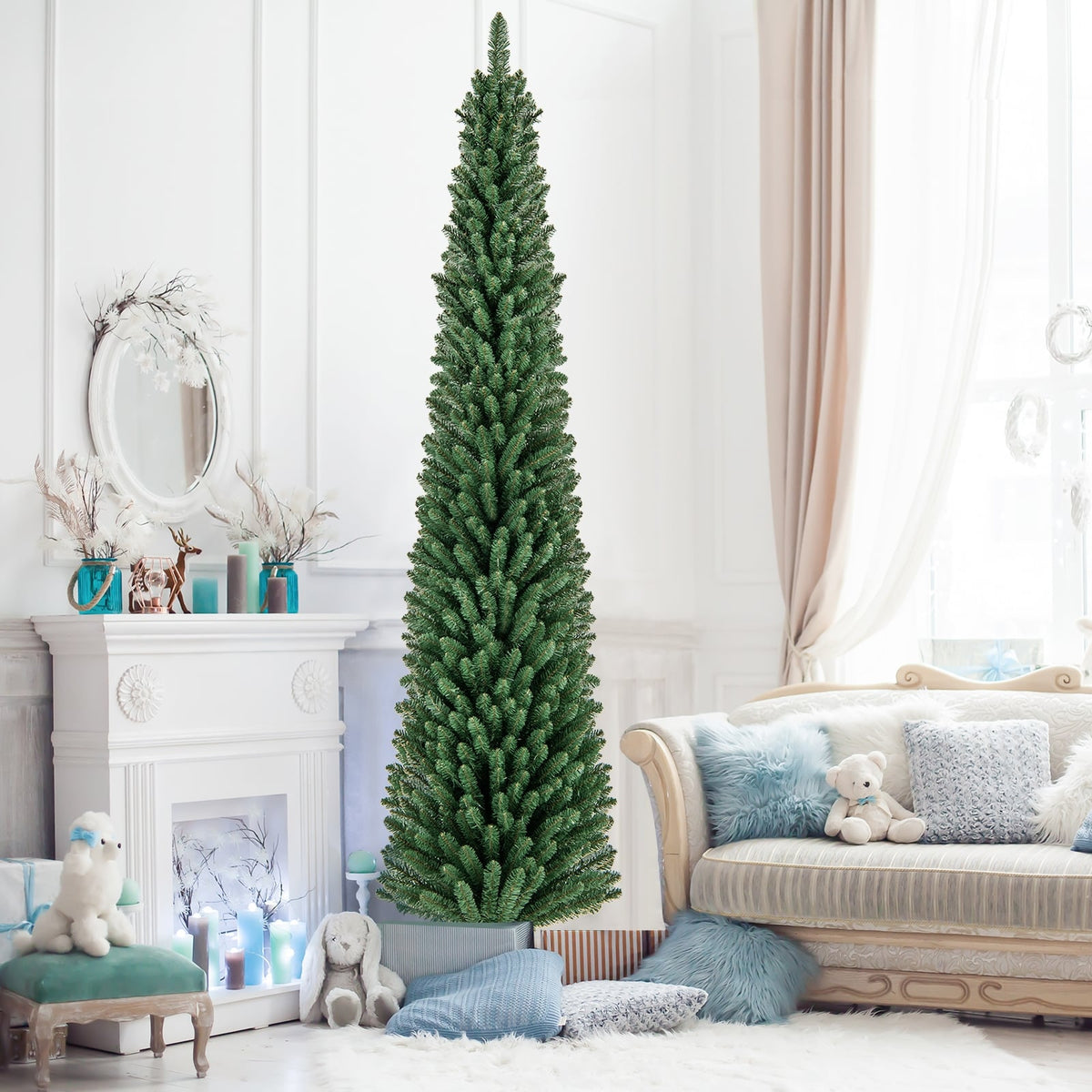 5/6/7/8 Feet Pencil Christmas Tree with 295/392/523/671 Memory Wire Branch Tips and Upgraded Metal Stand-8 ft-Christmas Trees-DECOROLALA