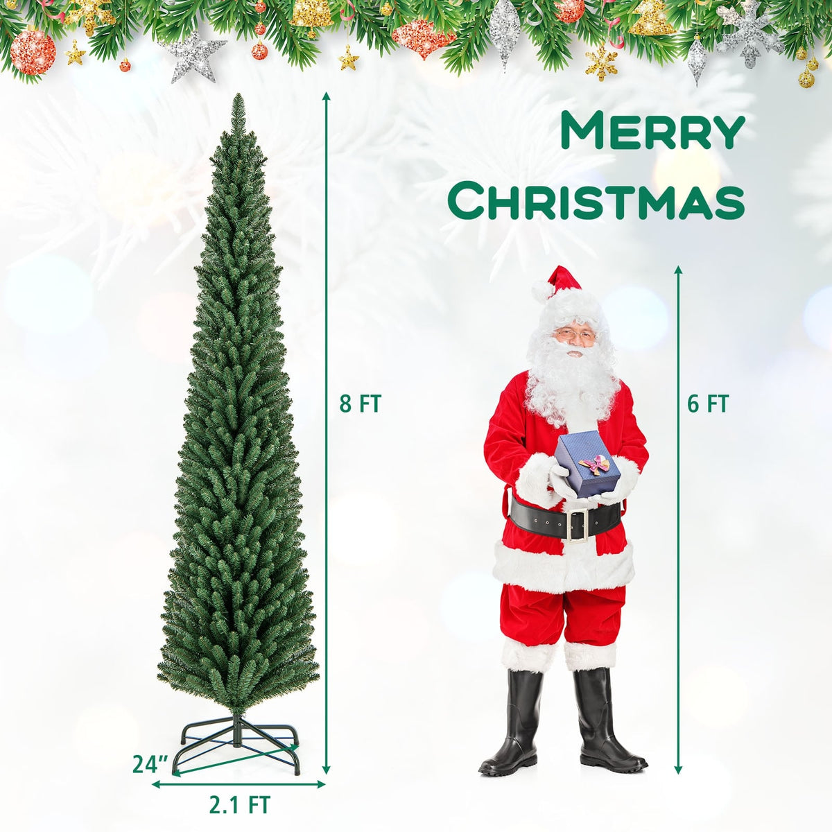 5/6/7/8 Feet Pencil Christmas Tree with 295/392/523/671 Memory Wire Branch Tips and Upgraded Metal Stand-8 ft-Christmas Trees-DECOROLALA