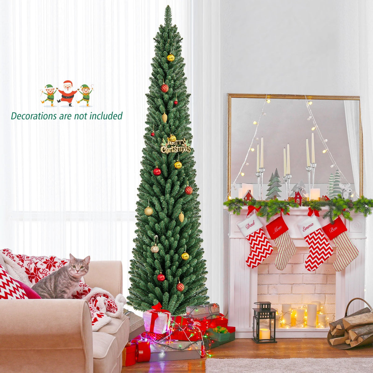 5/6/7/8 Feet Pencil Christmas Tree with 295/392/523/671 Memory Wire Branch Tips and Upgraded Metal Stand-8 ft-Christmas Trees-DECOROLALA