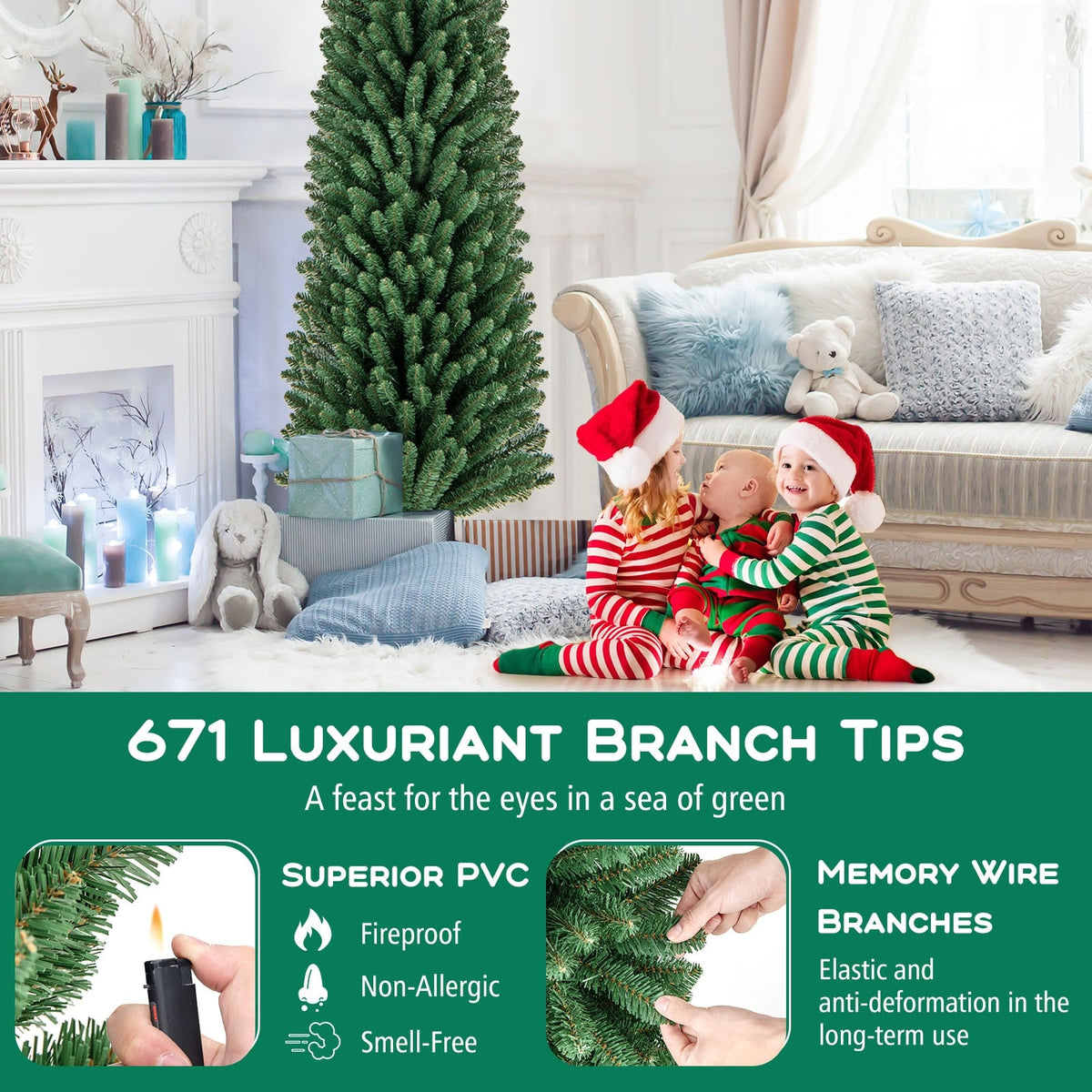 5/6/7/8 Feet Pencil Christmas Tree with 295/392/523/671 Memory Wire Branch Tips and Upgraded Metal Stand-8 ft-Christmas Trees-DECOROLALA
