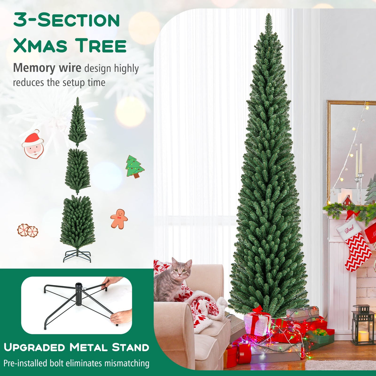5/6/7/8 Feet Pencil Christmas Tree with 295/392/523/671 Memory Wire Branch Tips and Upgraded Metal Stand-8 ft-Christmas Trees-DECOROLALA