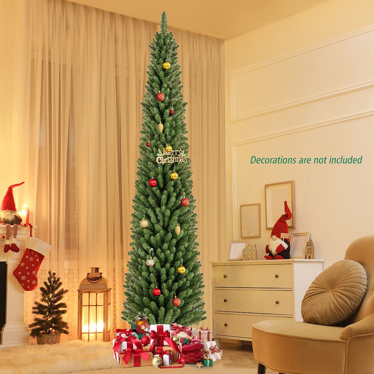 5/6/7/8 Feet Pencil Christmas Tree with 295/392/523/671 Memory Wire Branch Tips and Upgraded Metal Stand-8 ft-Christmas Trees-DECOROLALA