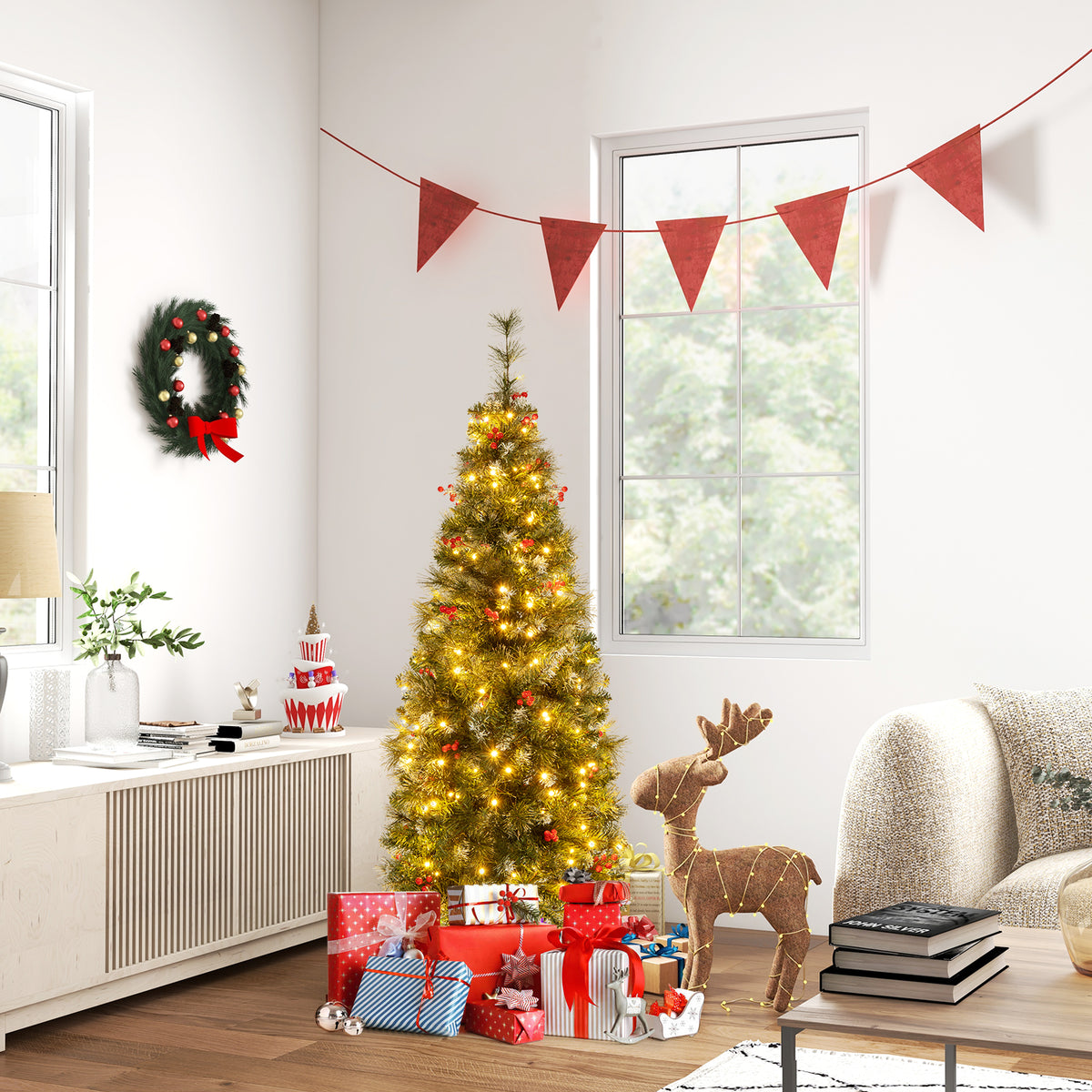 5/6/7/8/9 FT Pre-Lit Artificial Hinged Slim Pencil Christmas Tree-5 ft-Christmas Trees-DECOROLALA