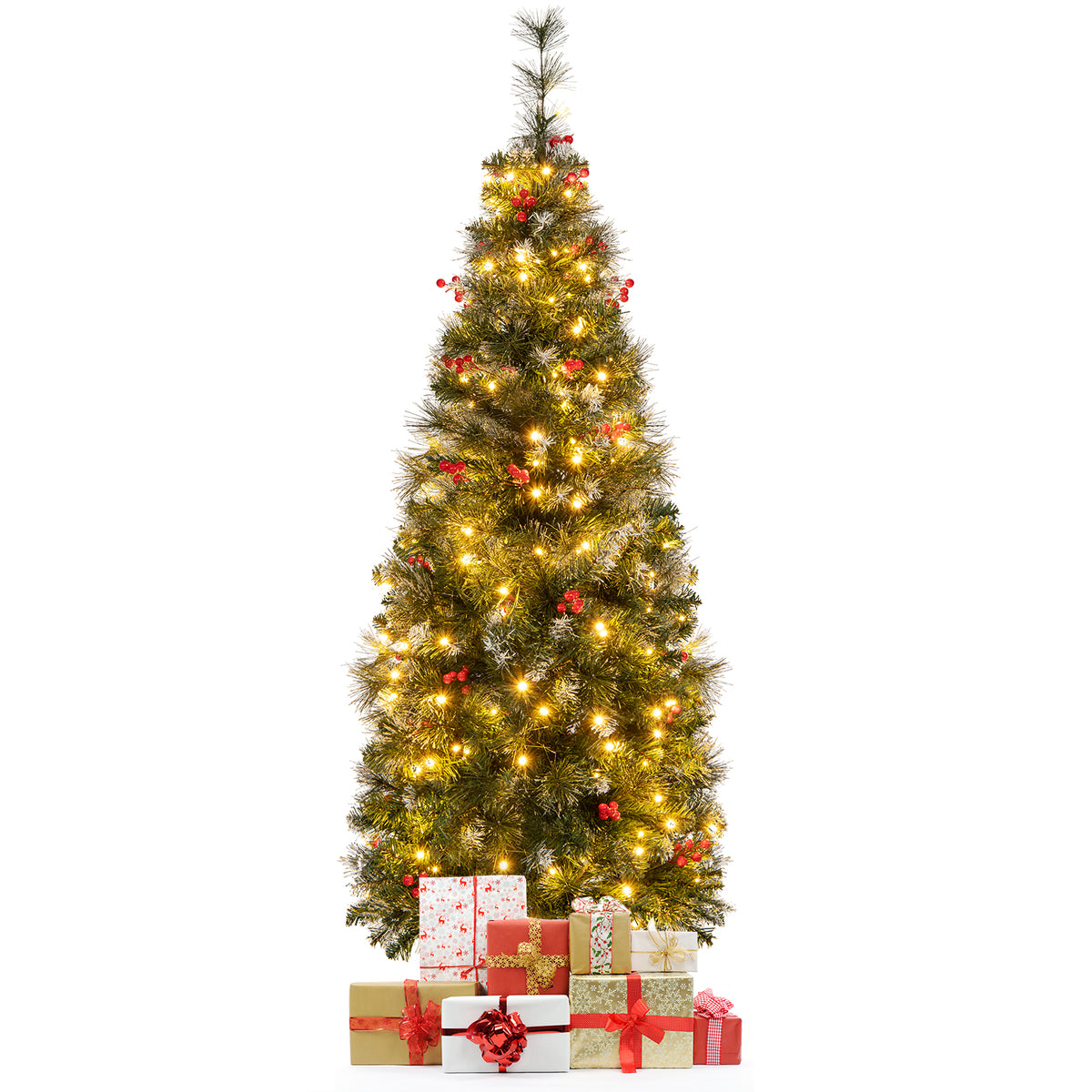 5/6/7/8/9 FT Pre-Lit Artificial Hinged Slim Pencil Christmas Tree-5 ft-Christmas Trees-DECOROLALA