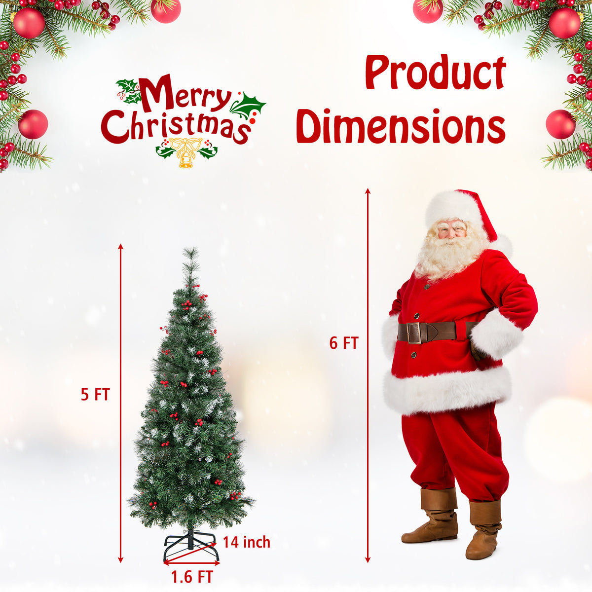 5/6/7/8/9 FT Pre-Lit Artificial Hinged Slim Pencil Christmas Tree-5 ft-Christmas Trees-DECOROLALA