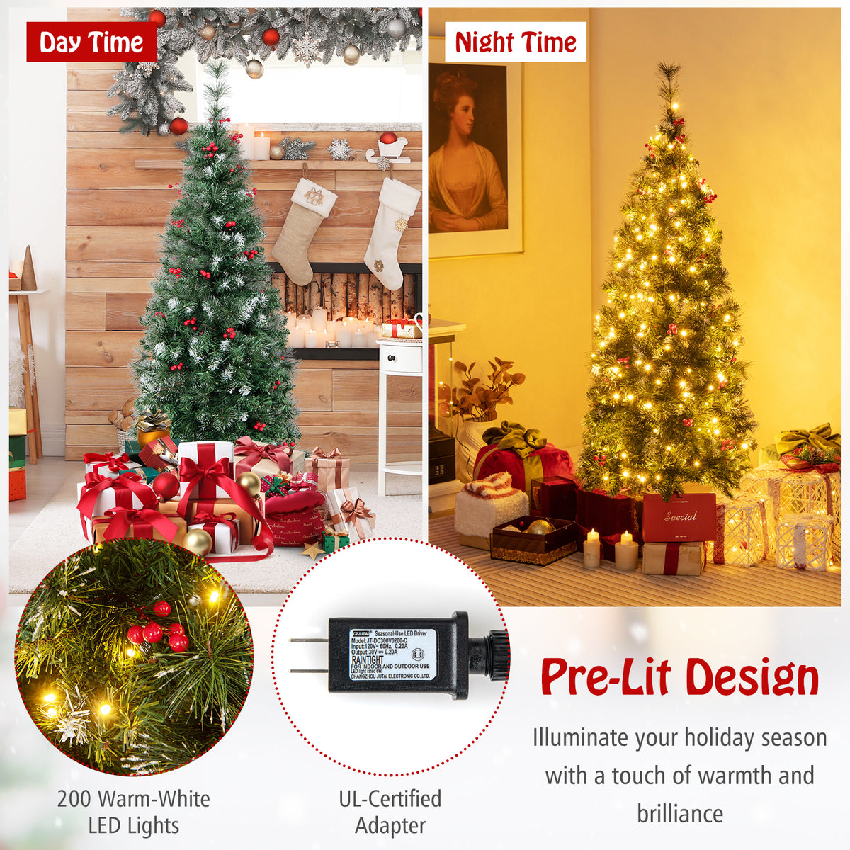 5/6/7/8/9 FT Pre-Lit Artificial Hinged Slim Pencil Christmas Tree-5 ft-Christmas Trees-DECOROLALA