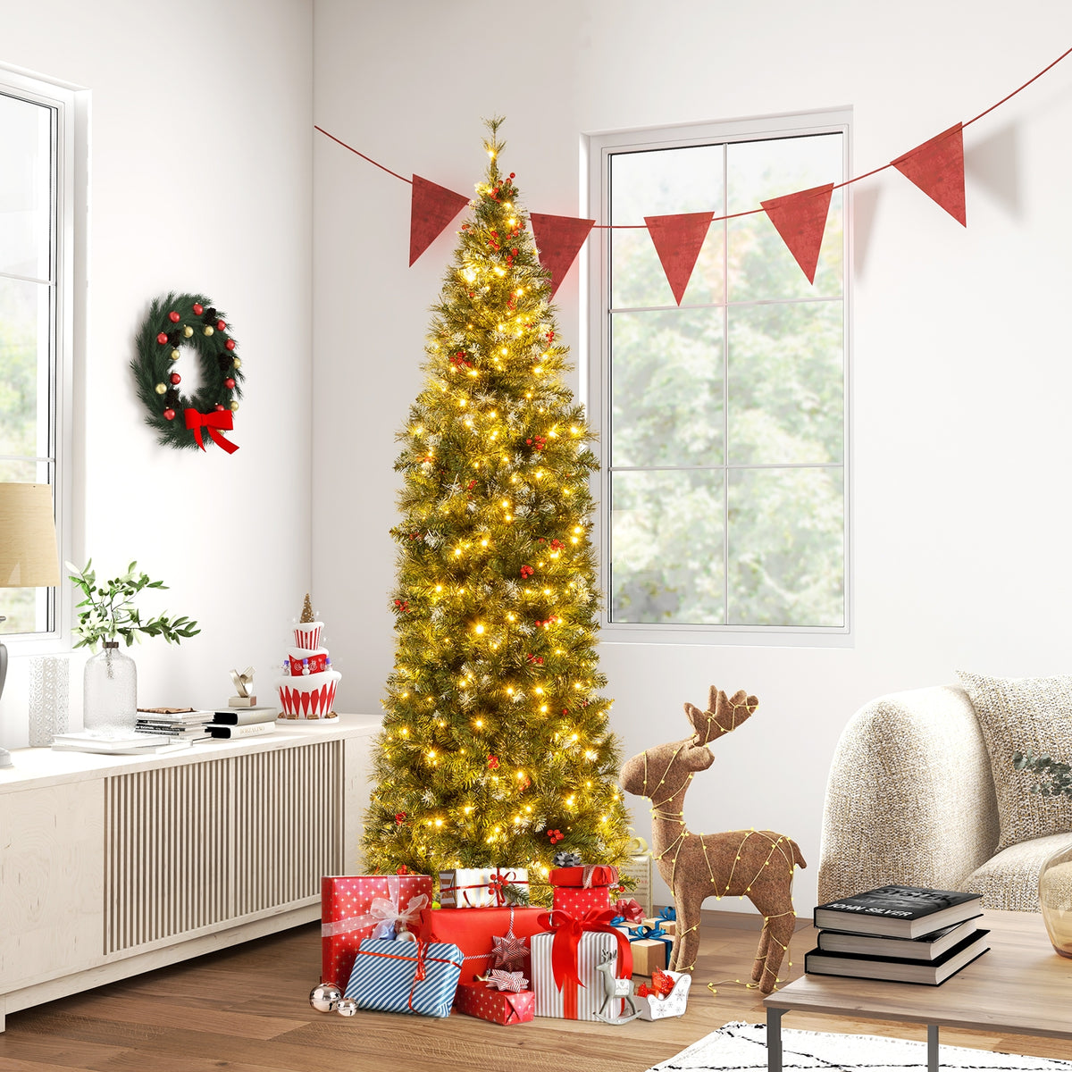 5/6/7/8/9 FT Pre-Lit Artificial Hinged Slim Pencil Christmas Tree-7 ft-Christmas Trees-DECOROLALA