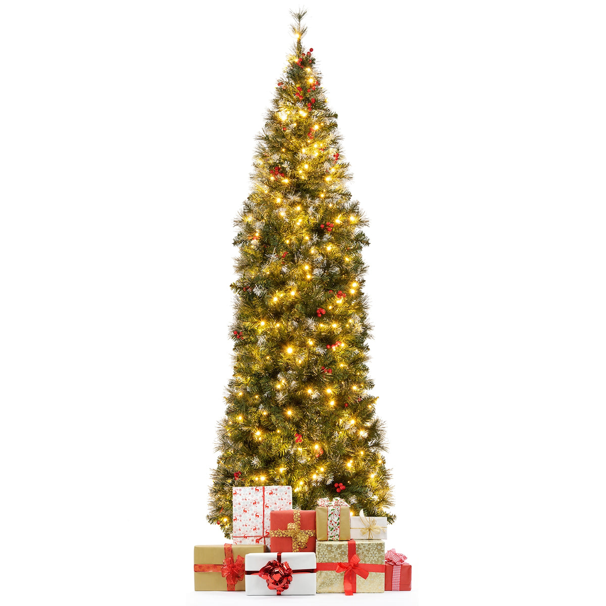 5/6/7/8/9 FT Pre-Lit Artificial Hinged Slim Pencil Christmas Tree-7 ft-Christmas Trees-DECOROLALA