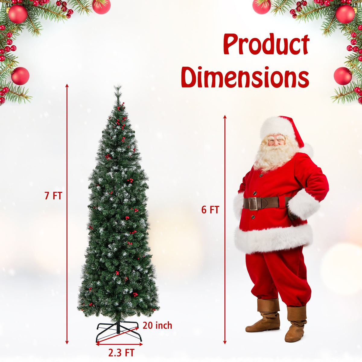 5/6/7/8/9 FT Pre-Lit Artificial Hinged Slim Pencil Christmas Tree-7 ft-Christmas Trees-DECOROLALA