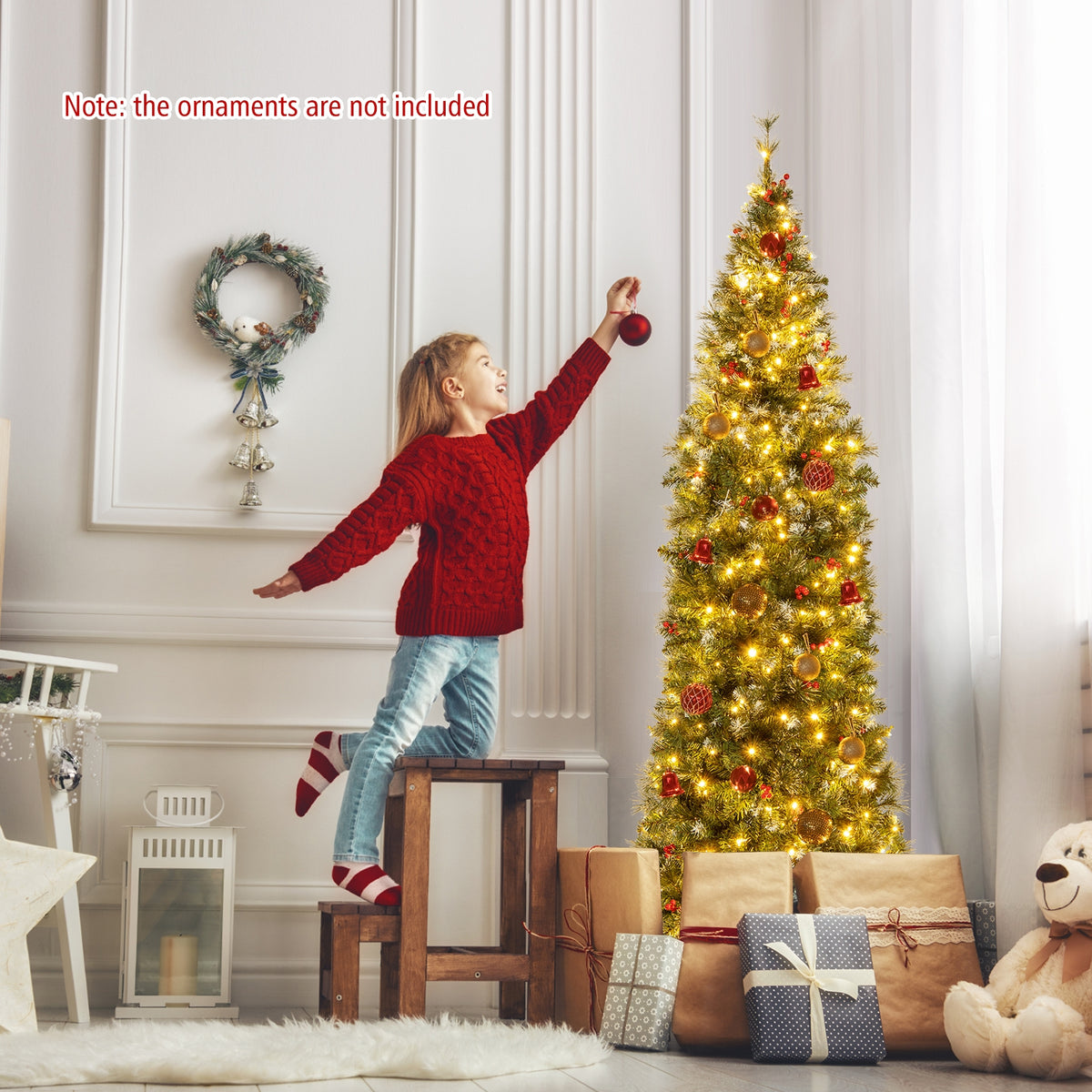 5/6/7/8/9 FT Pre-Lit Artificial Hinged Slim Pencil Christmas Tree-7 ft-Christmas Trees-DECOROLALA