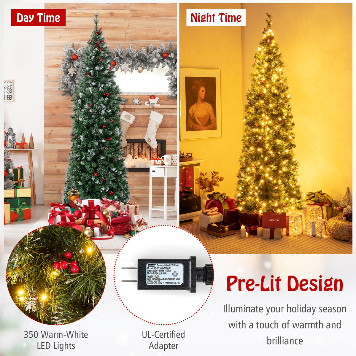 5/6/7/8/9 FT Pre-Lit Artificial Hinged Slim Pencil Christmas Tree-7 ft-Christmas Trees-DECOROLALA