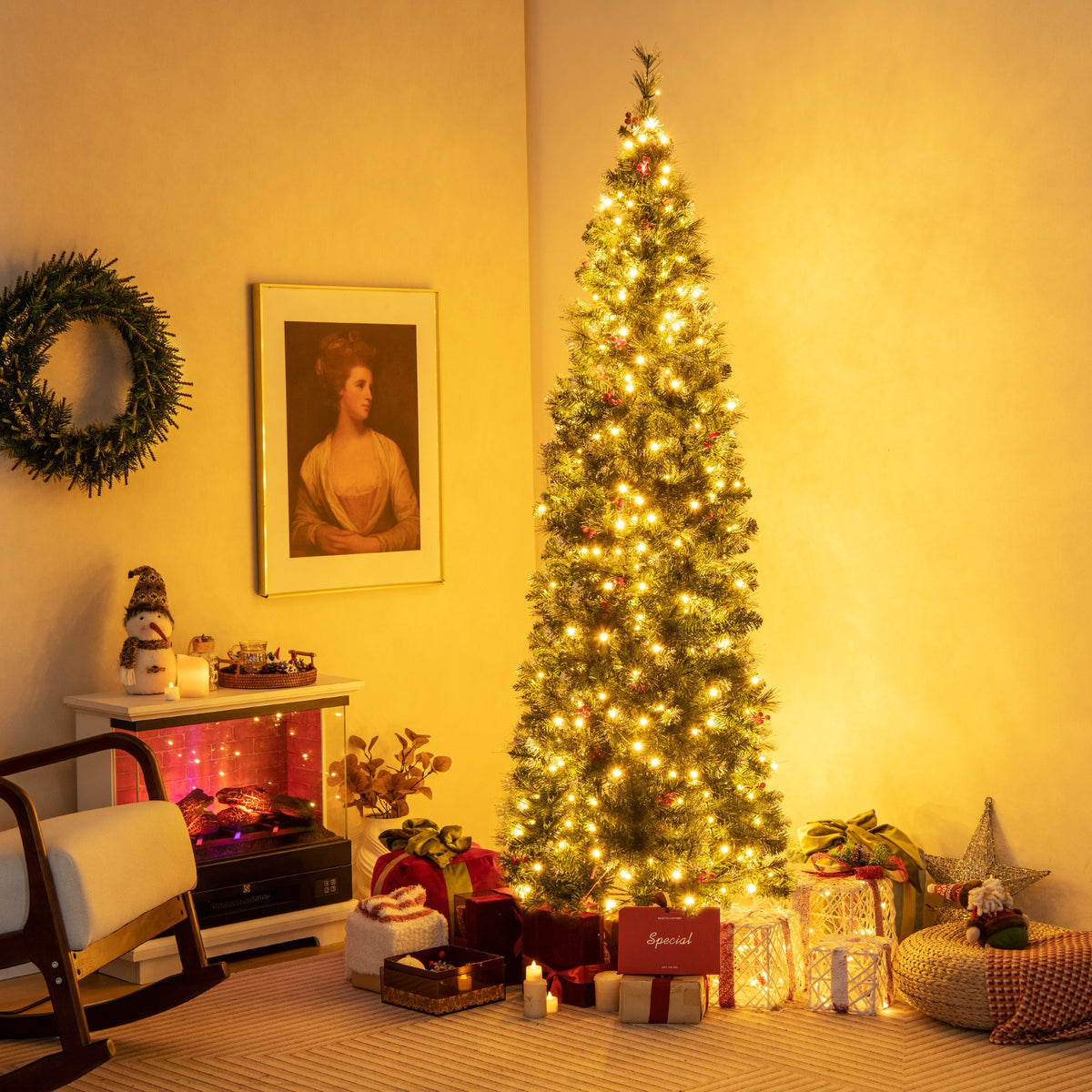 5/6/7/8/9 FT Pre-Lit Artificial Hinged Slim Pencil Christmas Tree-7 ft-Christmas Trees-DECOROLALA