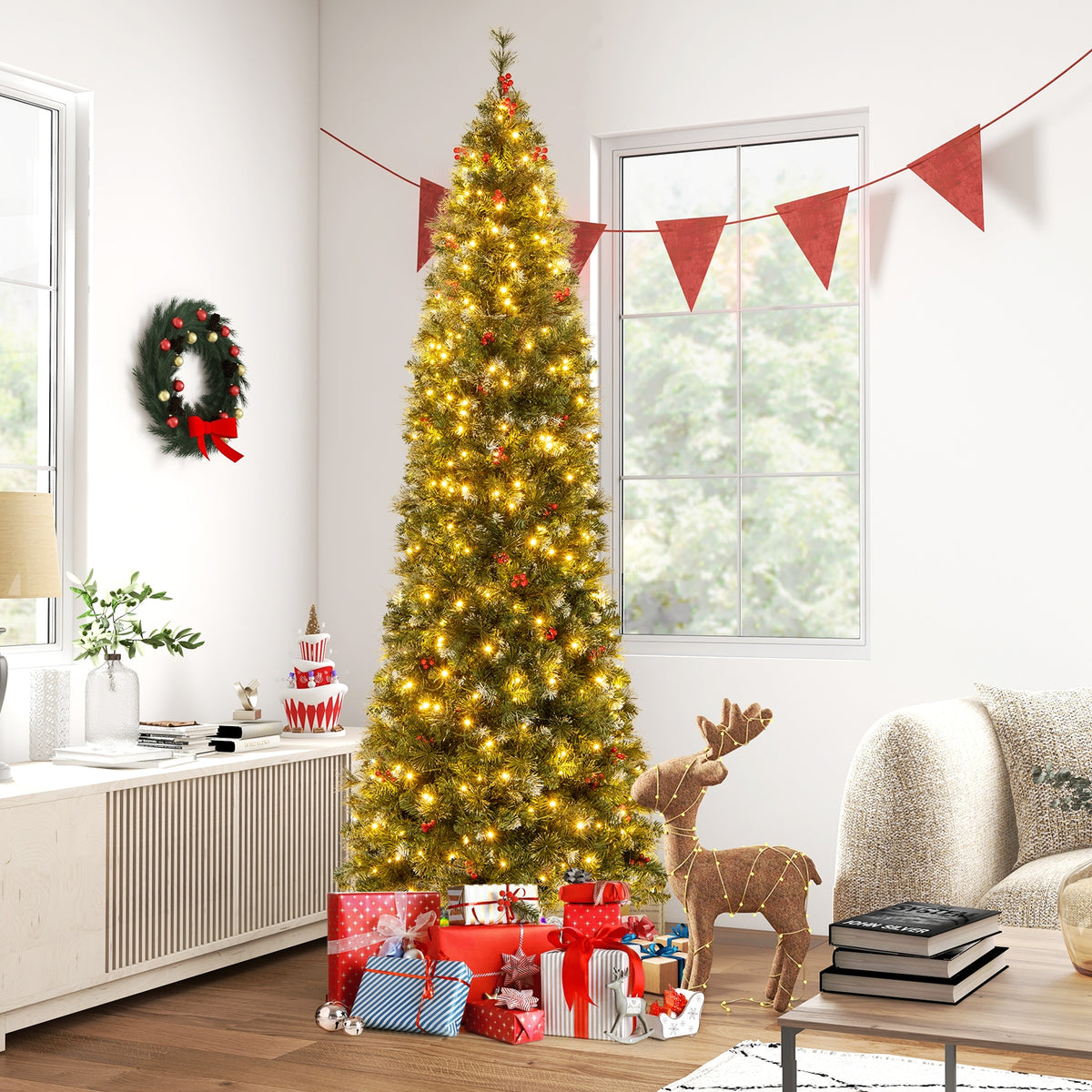 5/6/7/8/9 FT Pre-Lit Artificial Hinged Slim Pencil Christmas Tree-8 ft-Christmas Trees-DECOROLALA