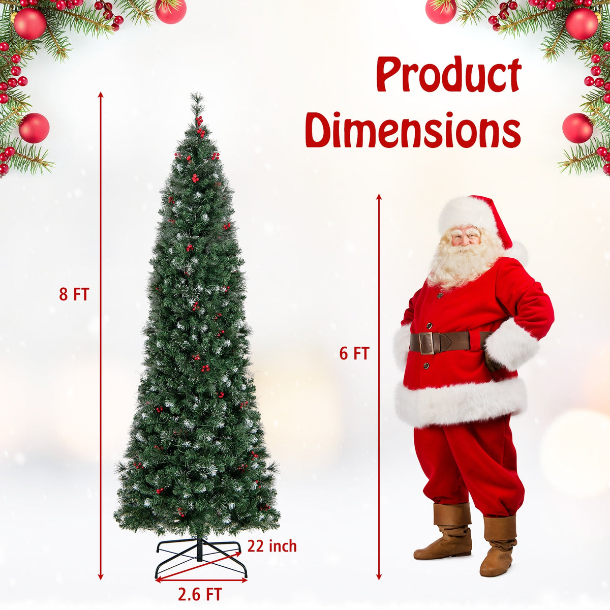 5/6/7/8/9 FT Pre-Lit Artificial Hinged Slim Pencil Christmas Tree-8 ft-Christmas Trees-DECOROLALA