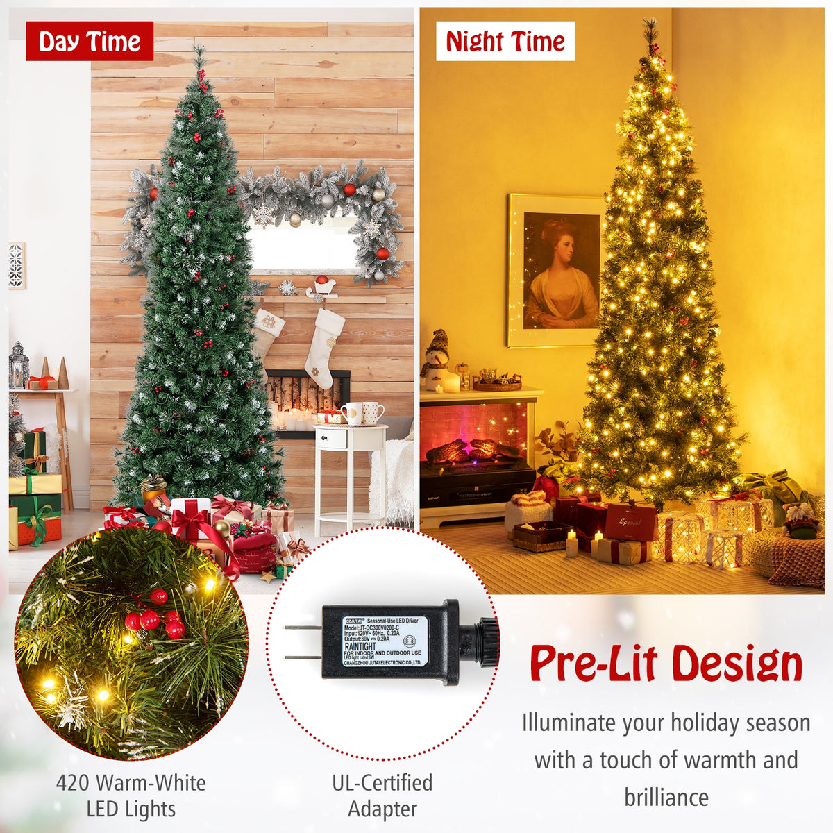 5/6/7/8/9 FT Pre-Lit Artificial Hinged Slim Pencil Christmas Tree-8 ft-Christmas Trees-DECOROLALA