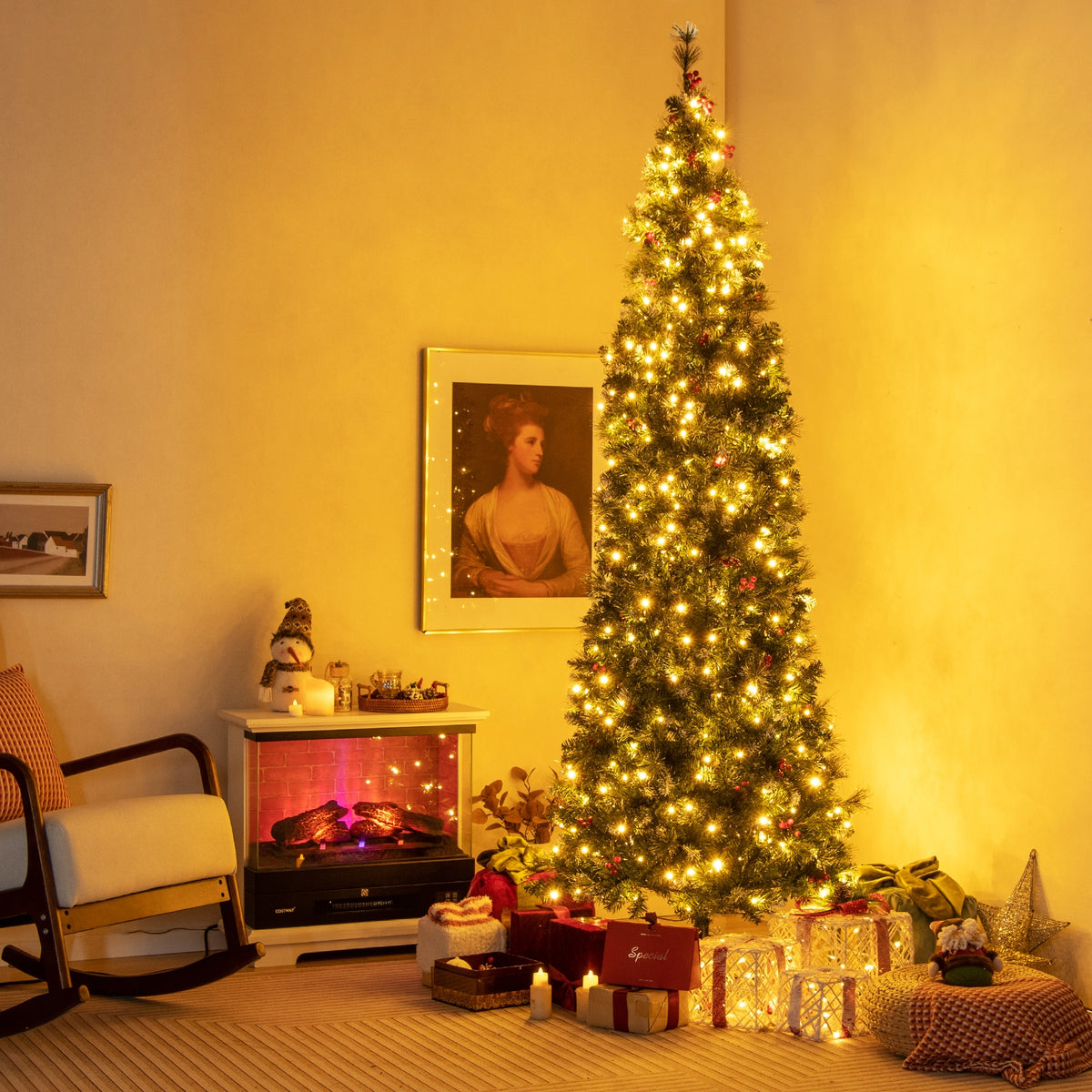 5/6/7/8/9 FT Pre-Lit Artificial Hinged Slim Pencil Christmas Tree-8 ft-Christmas Trees-DECOROLALA