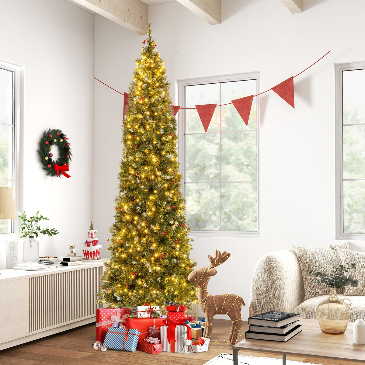 5/6/7/8/9 FT Pre-Lit Artificial Hinged Slim Pencil Christmas Tree-9 ft-Christmas Trees-DECOROLALA