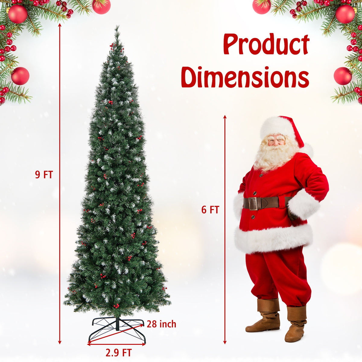 5/6/7/8/9 FT Pre-Lit Artificial Hinged Slim Pencil Christmas Tree-9 ft-Christmas Trees-DECOROLALA