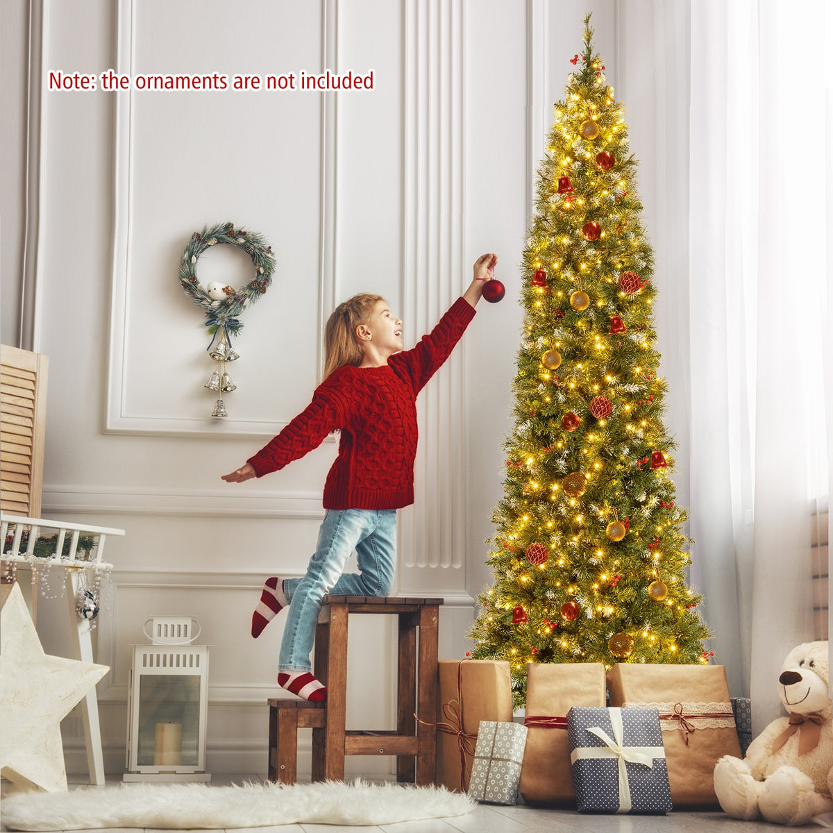 5/6/7/8/9 FT Pre-Lit Artificial Hinged Slim Pencil Christmas Tree-9 ft-Christmas Trees-DECOROLALA