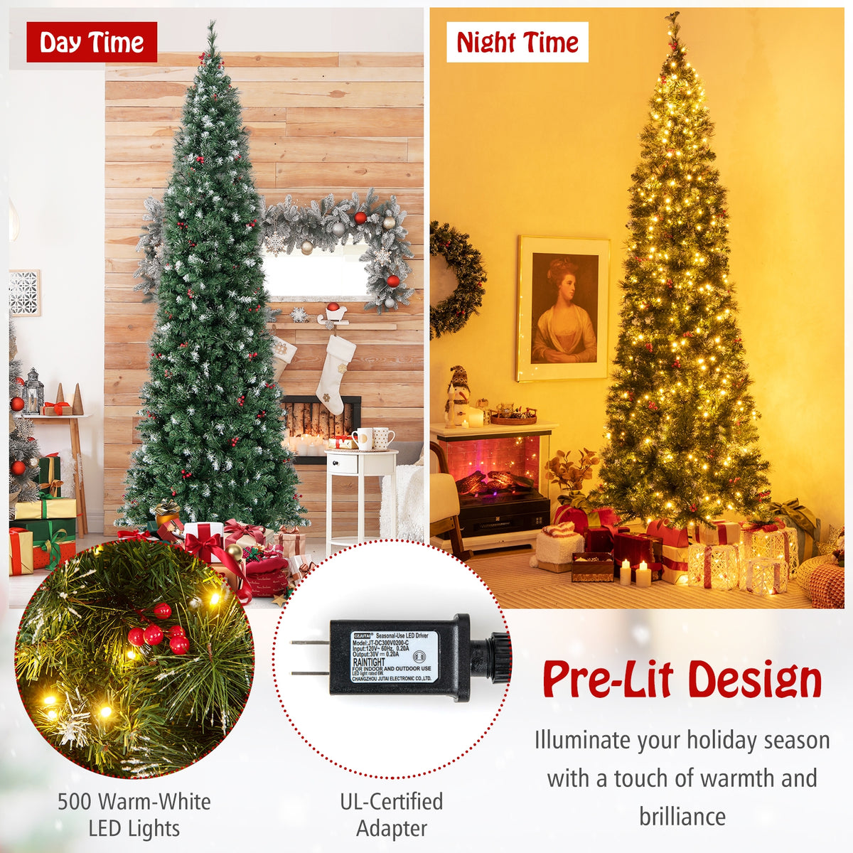 5/6/7/8/9 FT Pre-Lit Artificial Hinged Slim Pencil Christmas Tree-9 ft-Christmas Trees-DECOROLALA