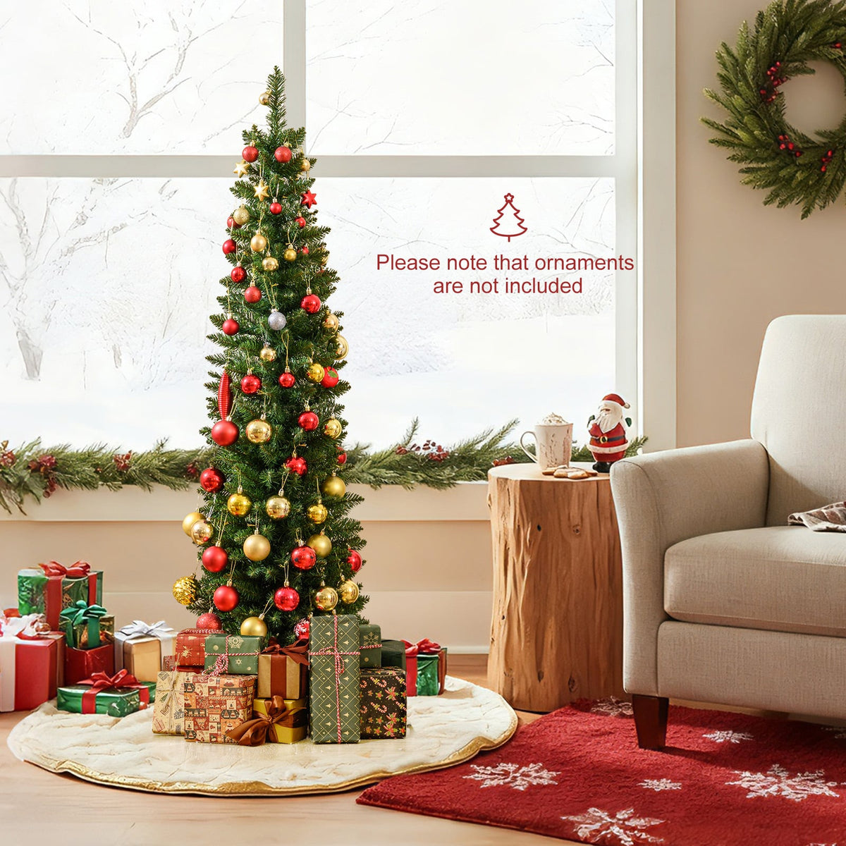 5/6/7/8/9 Feet Pre-lit Pencil Artificial Christmas Tree with 150/180/200//300/400 Warm White LED Lights-5 ft-Christmas Trees-DECOROLALA