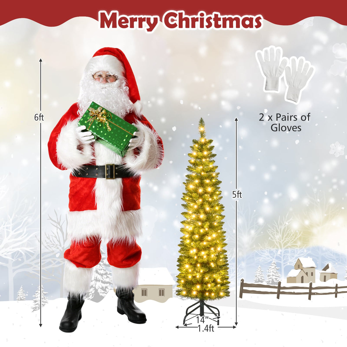 5/6/7/8/9 Feet Pre-lit Pencil Artificial Christmas Tree with 150/180/200//300/400 Warm White LED Lights-5 ft-Christmas Trees-DECOROLALA