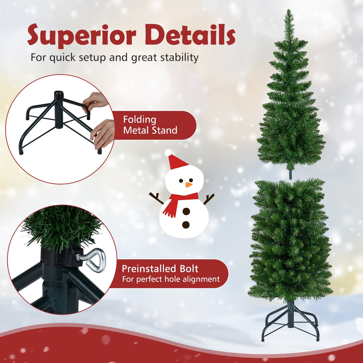 5/6/7/8/9 Feet Pre-lit Pencil Artificial Christmas Tree with 150/180/200//300/400 Warm White LED Lights-5 ft-Christmas Trees-DECOROLALA
