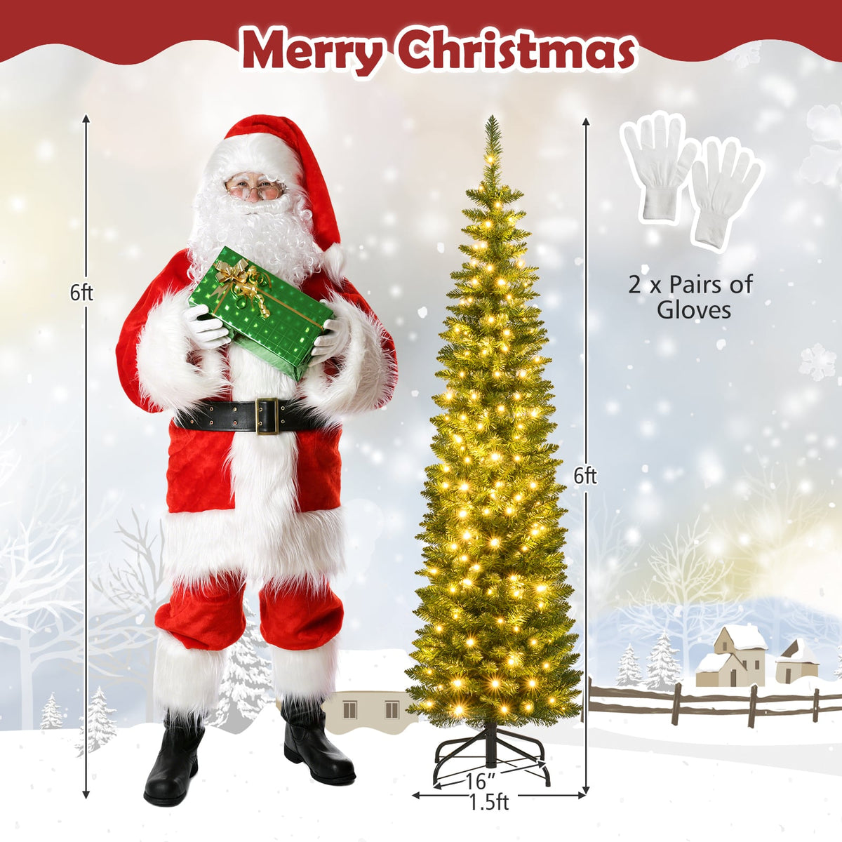 5/6/7/8/9 Feet Pre-lit Pencil Artificial Christmas Tree with 150/180/200//300/400 Warm White LED Lights-6 ft-Christmas Trees-DECOROLALA